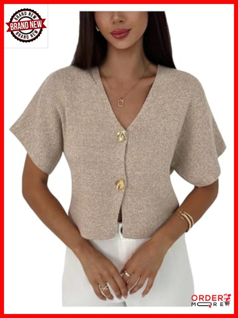 Women's Short Sleeve V Neck Button Front Cardigan Sweater Rib Knit